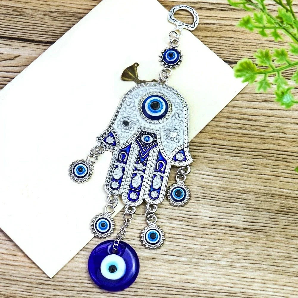 Iron Geometric Wall Hanging – Fatima Hand with Blue Eye Wind Chime for Meditation and Yoga Healing