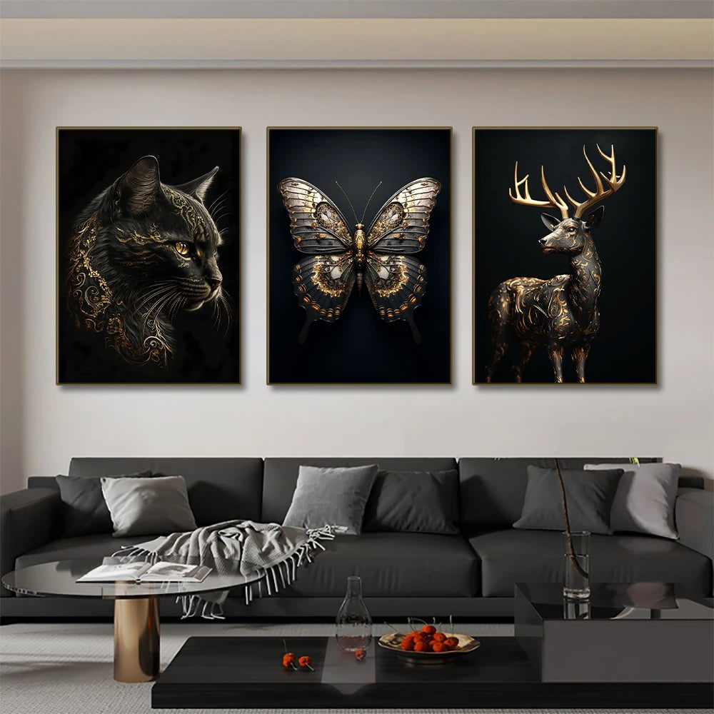 Black Gold Eagle Lion Canvas Painting Metal Poster Wall Art