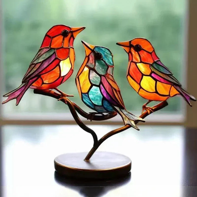 Stained Acrylic Birds Branch Desktop Ornaments – Multicolor Craft Decoration for Home & Office