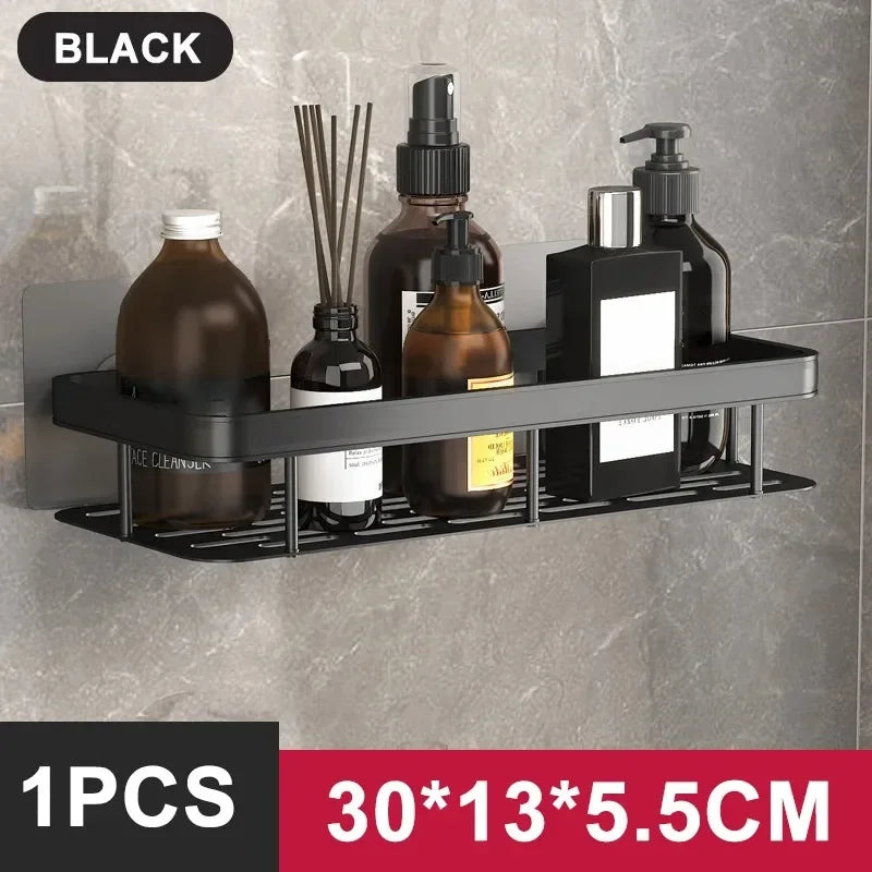 No-Drill Aluminum Bathroom & Kitchen Shelf – Wall-Mounted Shower & Storage Organizer