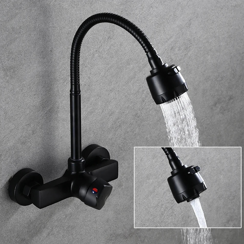 Wall Mounted Brushed Kitchen Faucet - Black Finish with 360° Rotation Sprayer