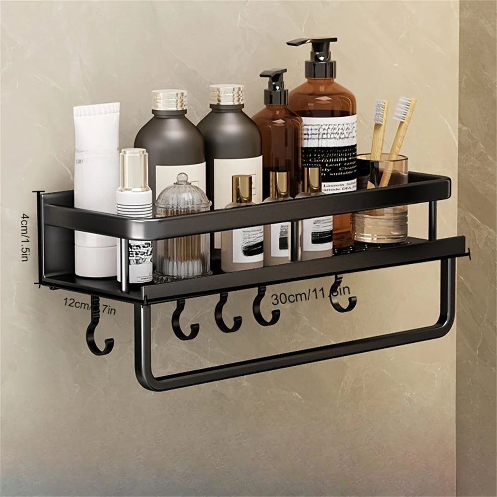 Wall-Mounted Multi-Functional Storage Rack Bathroom Organizer with Hook Bar