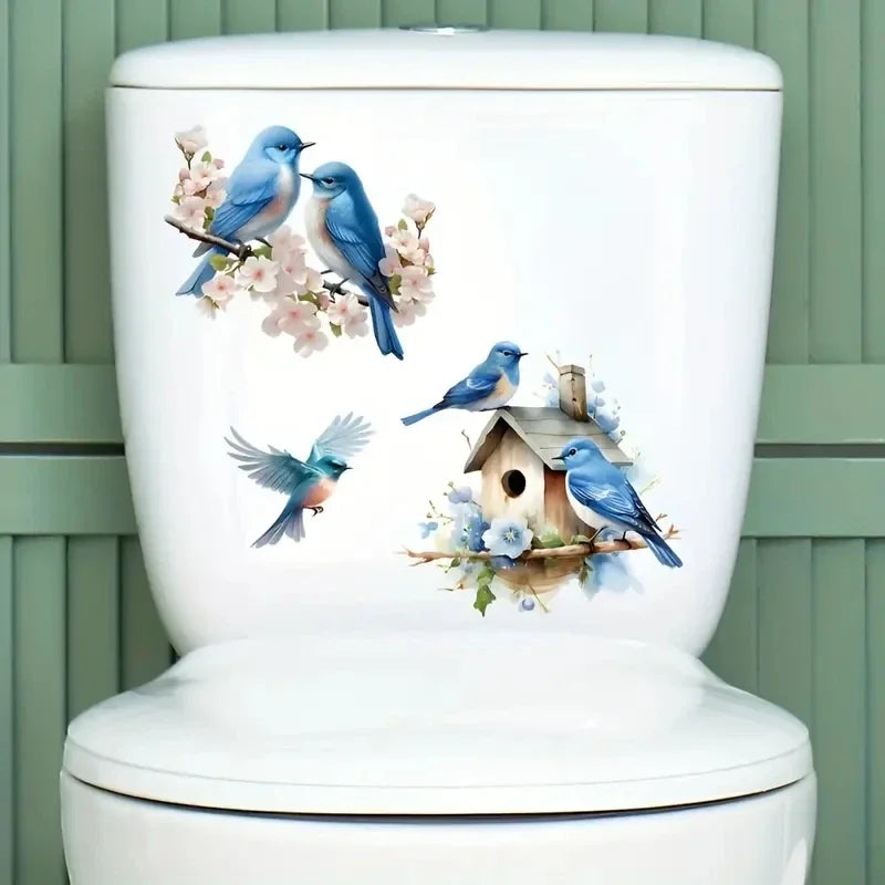 Blue Bird Nest Wall Sticker – Removable Plant & Flower Design for Bathroom, Toilet, Refrigerator & Home Decor