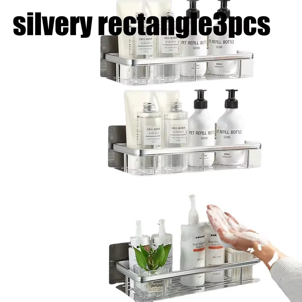 Wall-Mounted Aluminum Shampoo Rack – Bathroom Organizer with Towel Bar & Corner Shelf