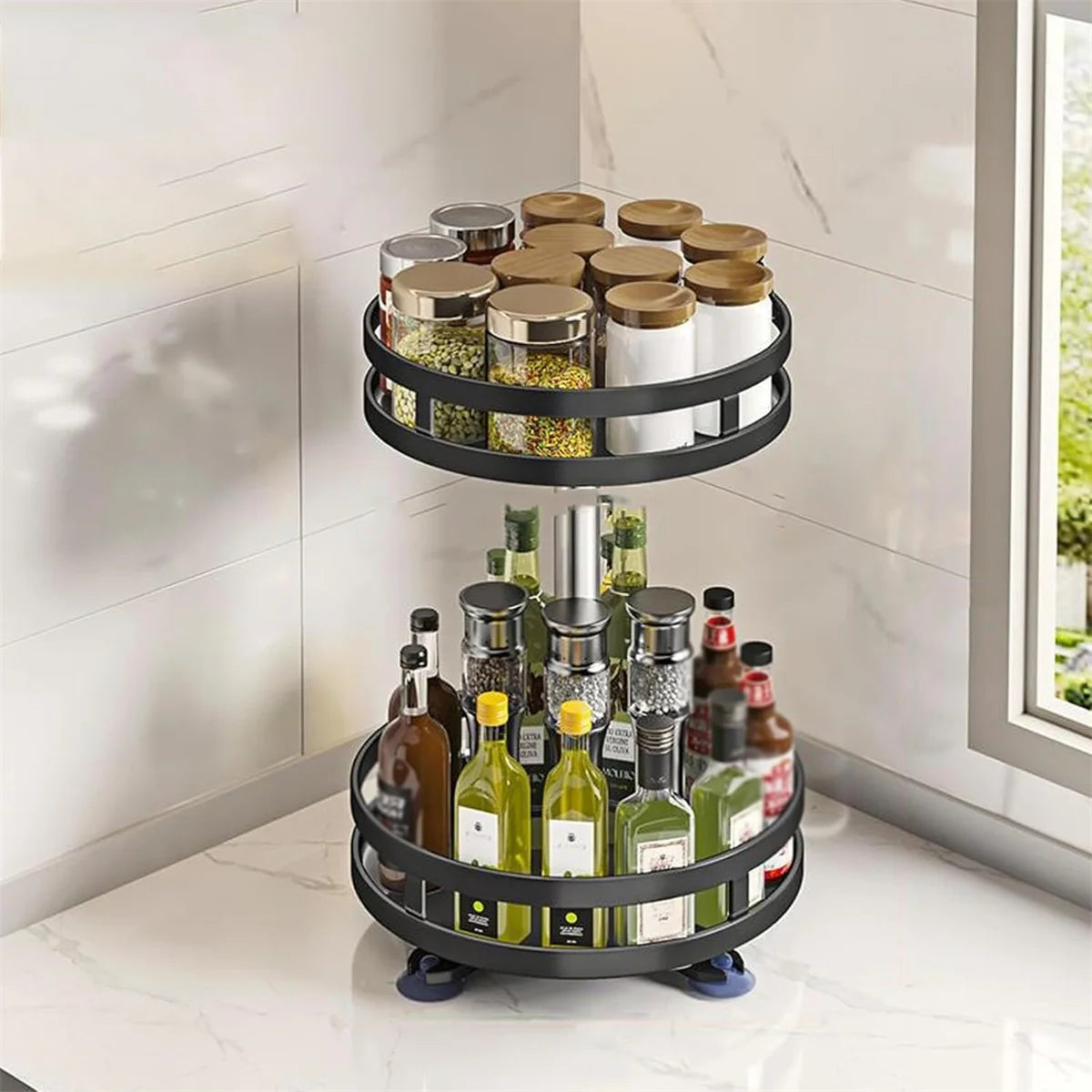 360° Rotation Spice Rack Organizer – Non-Skid Carbon Steel Storage Tray for Seasonings & Spices