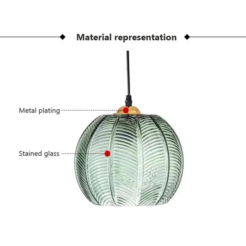 Nordic Glass Pendant Light with Green Leaf Pattern – Elegant Indoor Fixture for Living and Dining Rooms