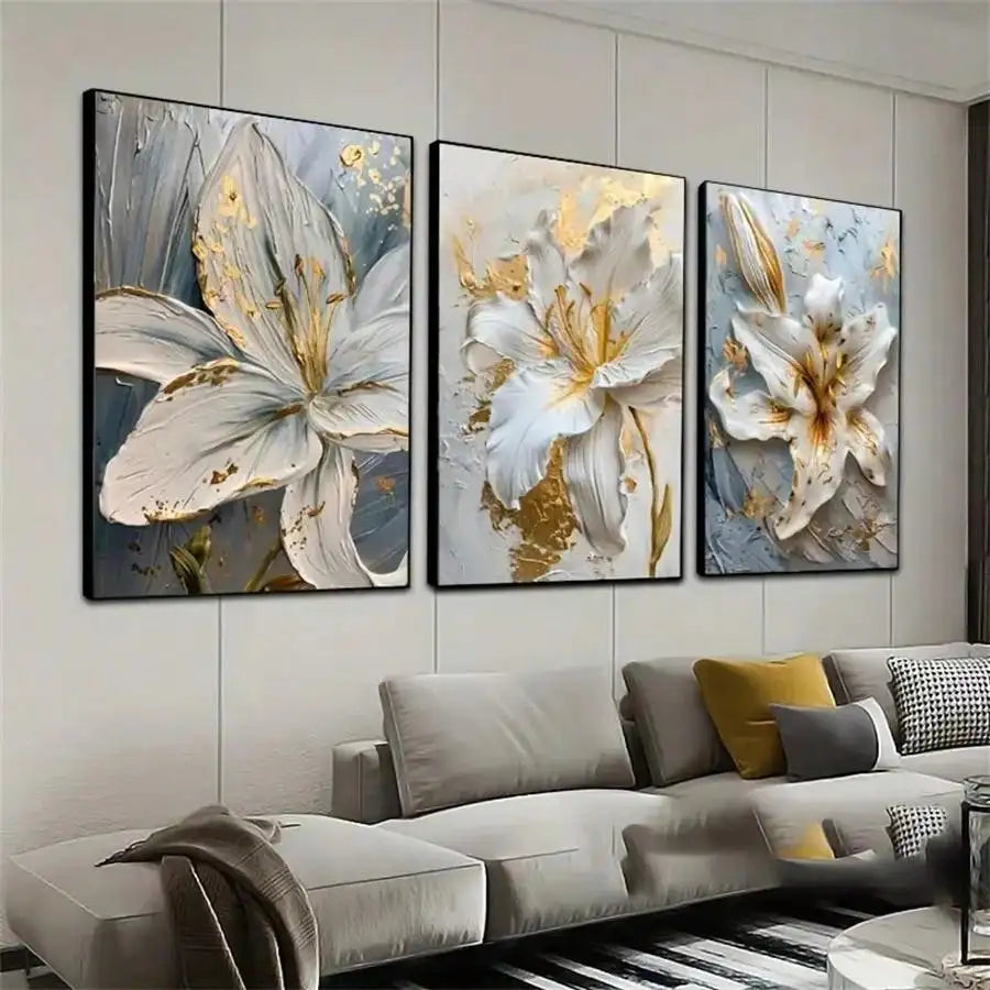 Gold and White Flower Canvas - Abstract 3D Lily Wall Art for Home Décor