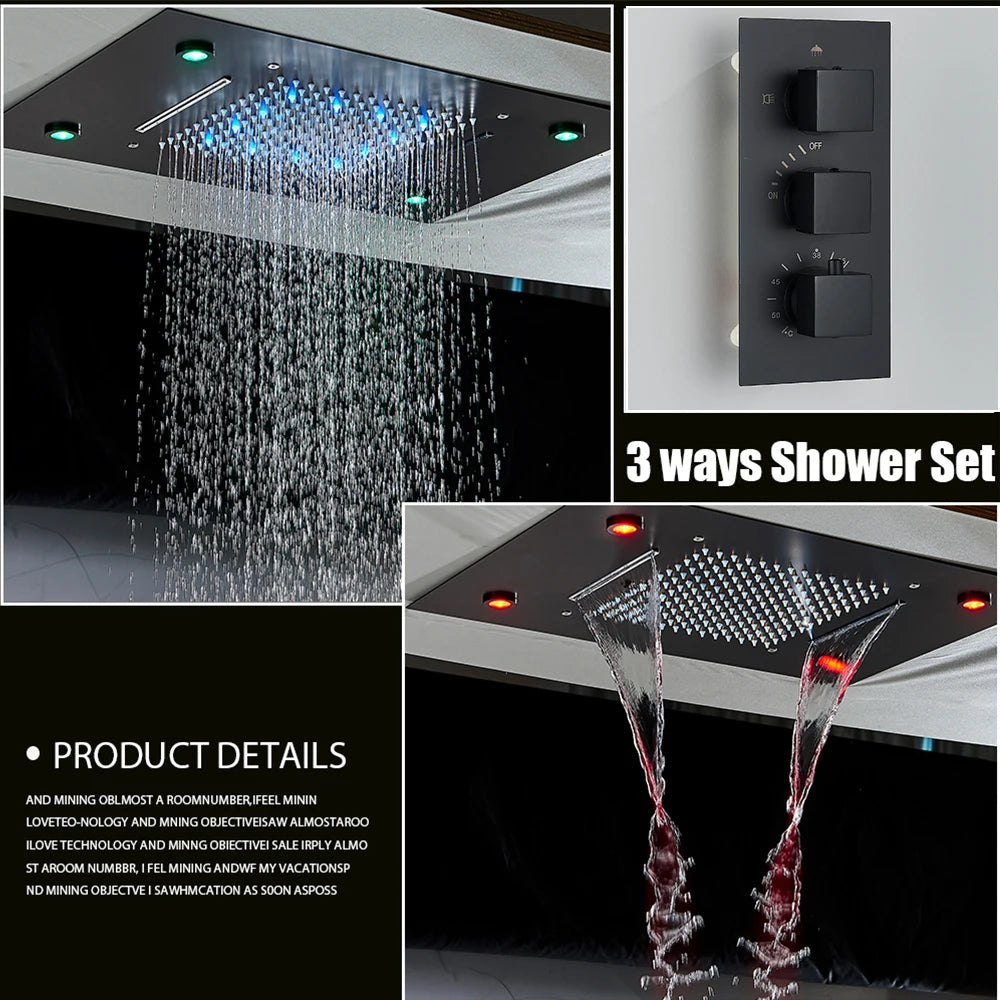 Black LED Constant Temperature Shower Faucet Luxury 3-Way Rain Shower Ceiling System Tap Color Change Modern Showers for Bathroom