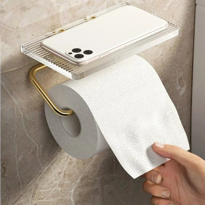 Luxury Gold Toilet Paper Holder with Shelf – No Punching Acrylic Tissue Hanger for Bathroom