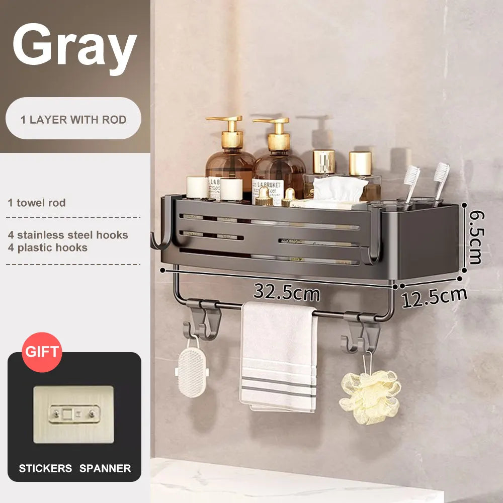 2 PCS Bathroom Corner Shelf with Plastic Hook & Towel Bar – No Drill Space Aluminum Shower Storage Rack