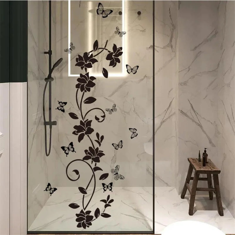 Black Floral Butterfly Wall Sticker – Self-Adhesive Bathroom Door, Bathtub, Bedroom Background Decor