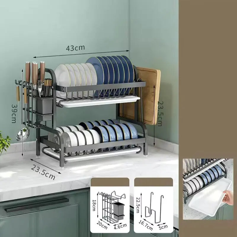 Dish Drying Rack 2-Tier Compact Kitchen Rack Set – Large Rust-Proof Dish Drainer with Utensil Holder