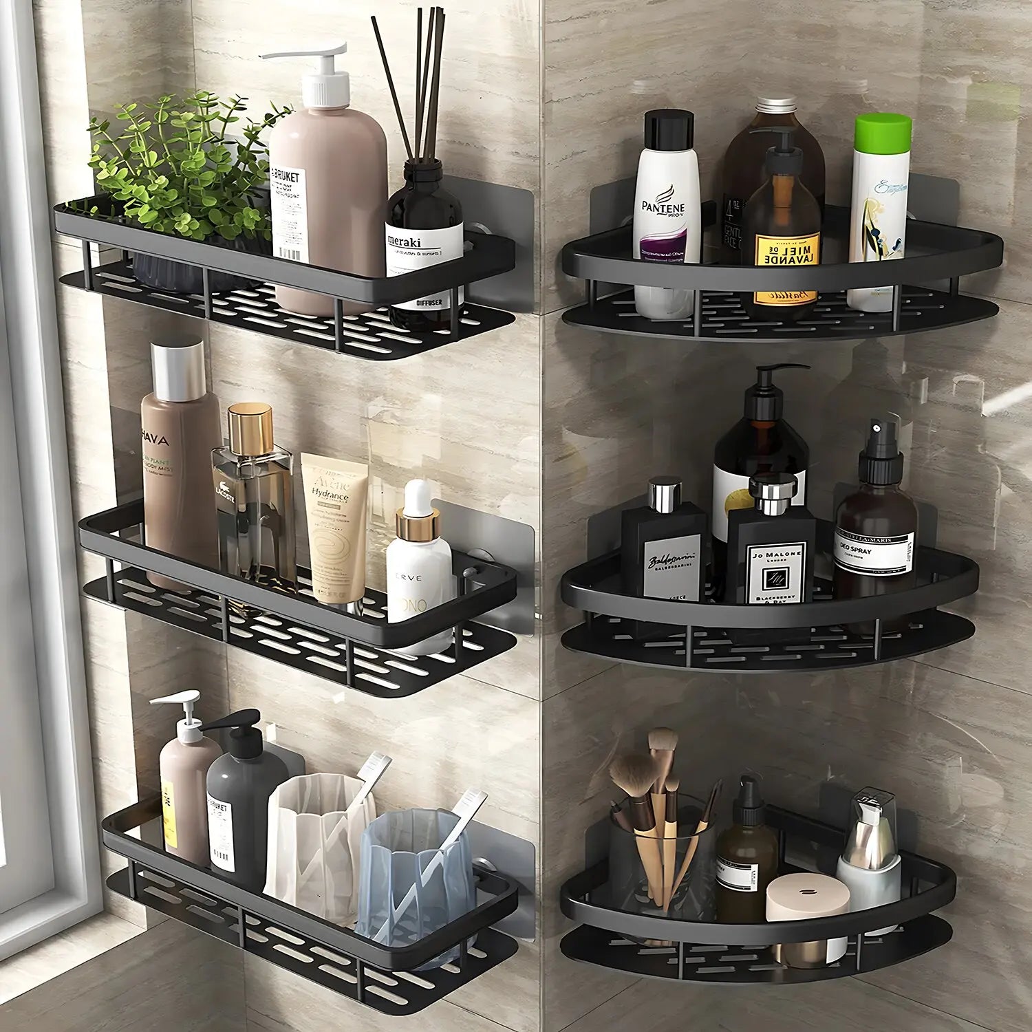 Wall-Mounted Aluminum Shampoo Rack – Bathroom Organizer with Towel Bar & Corner Shelf