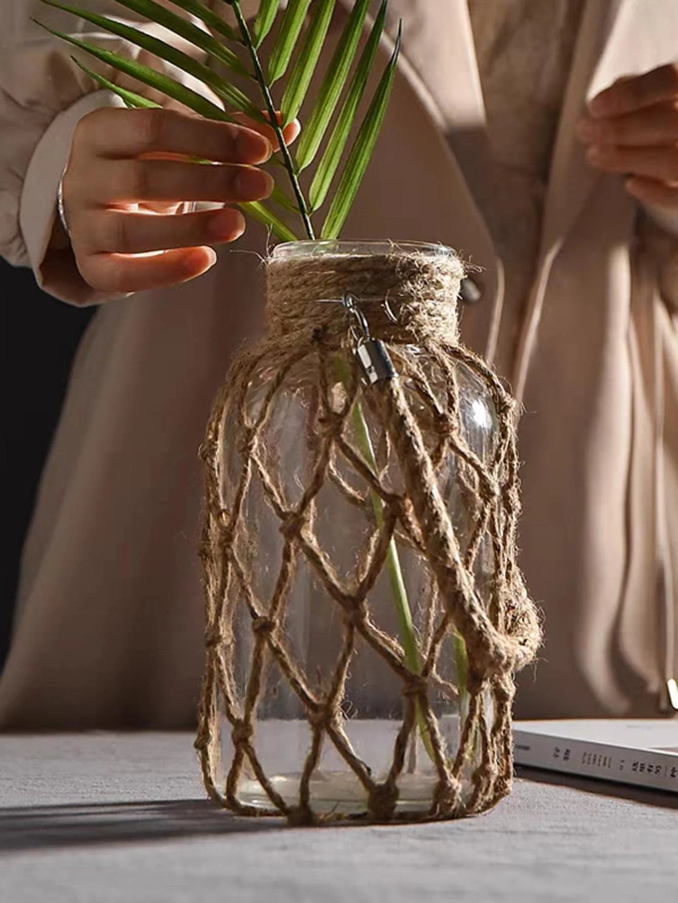 Hand-Woven Hemp Rope Glass Vase – Boho Decorative Vase for Flowers & Home Decor