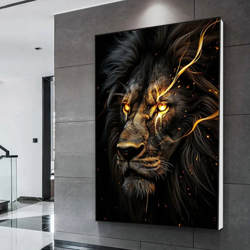 Black and Golden Light Lion Canvas Poster – Modern Animal Wall Art for Living Room