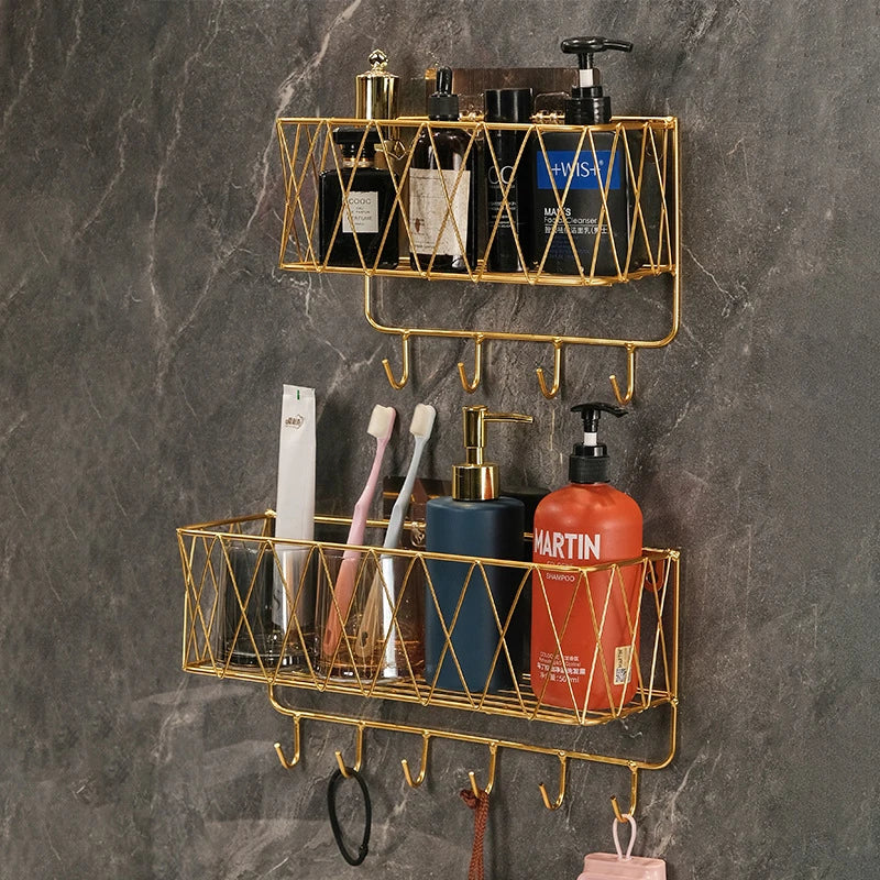 Wall-Mounted Rustproof Bathroom Shelf – No-Drill Iron Storage Rack with Hooks for Toiletries & Shower Essentials