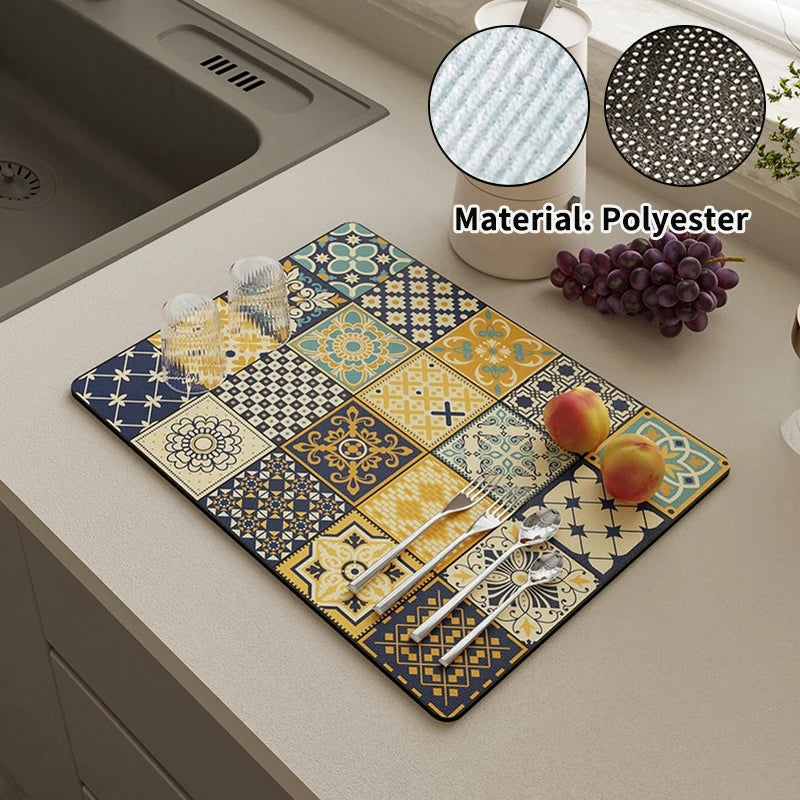 Retro-Style Absorbent Dish Drying Mat – Crystal Velvet Drainage Pad for Kitchen & Bathroom