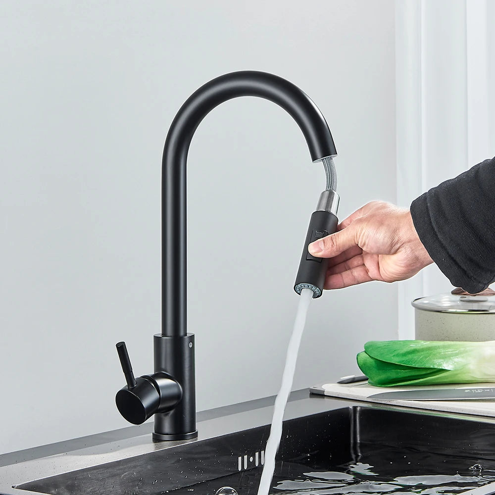 Black Kitchen Faucet Two Function Single Handle Pull Out Hot and Cold Water Taps with Deck Mounted