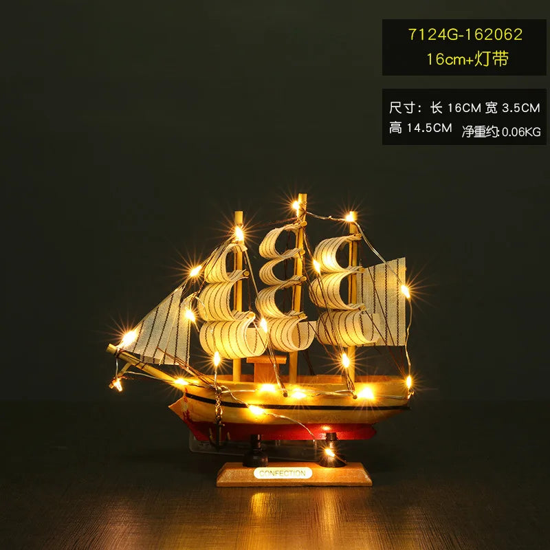 Pirate Ship Sailboat Model Wooden Small Boat Decoration with LED for Cake Ornaments & Tabletop, 16-20cm