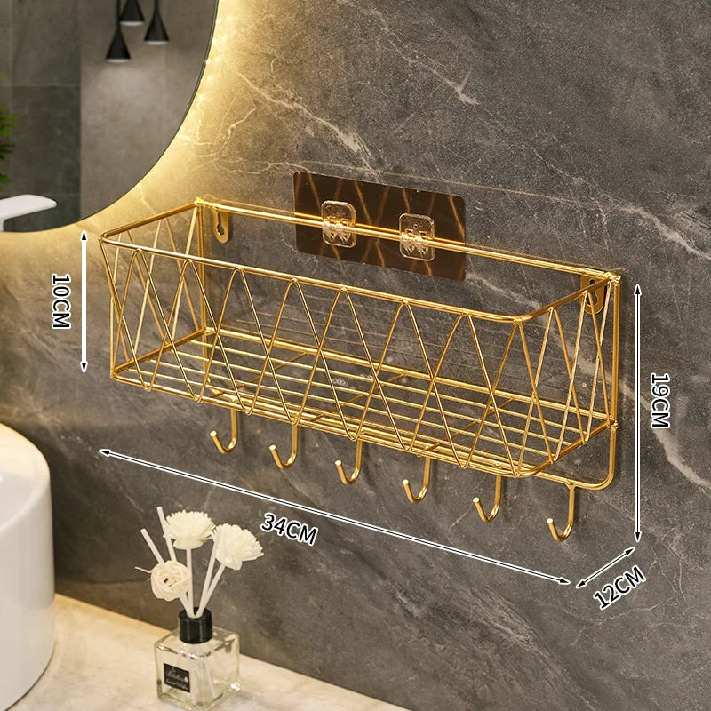 Wall-Mounted Rustproof Bathroom Shelf – No-Drill Iron Storage Rack with Hooks for Toiletries & Shower Essentials