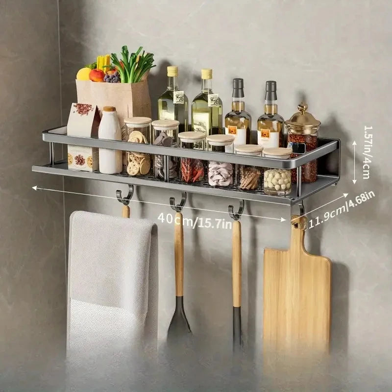 1PC Wall-Mounted Multifunctional Kitchen Rack – Spice Storage & Utensil Hook Organizer