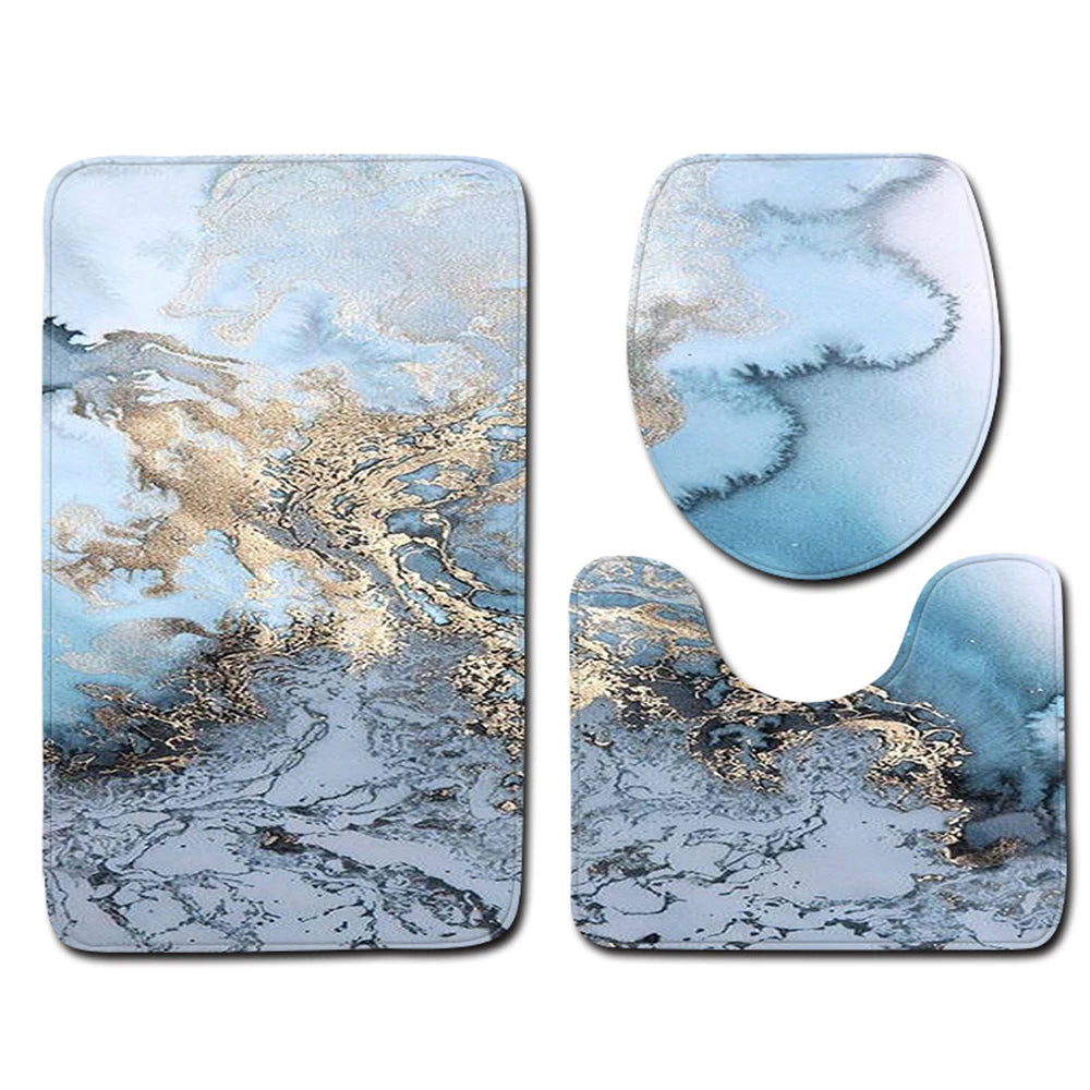 3PCS Marble Bath Mat Set – Anti-Slip Bathroom Rugs with Toilet Lid Cover & Pedestal Rug