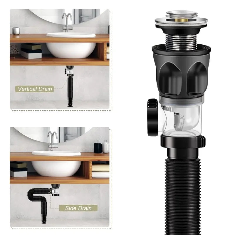 Flip-Top Kitchen Sink Drain - Retractable Deodorizing Filter with Flexible Downspout