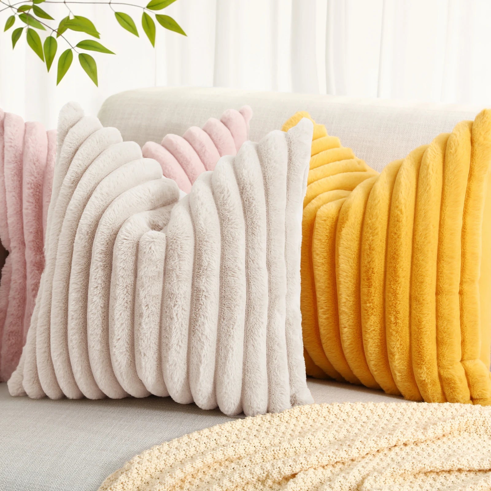 Homaxy Plush Pillow Cover - Soft Fluffy Striped Cushion Cover 50x50cm Luxury Decorative Pillowcase for Sofa & Home