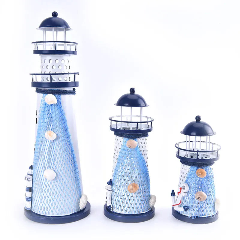 Nautical Lighthouse Ornaments – Metal Beacon Tower Figurines with Fishing Net, Starfish & Shell Accents