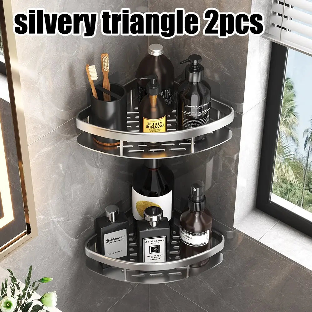 Wall-Mounted Aluminum Shampoo Rack – Bathroom Organizer with Towel Bar & Corner Shelf