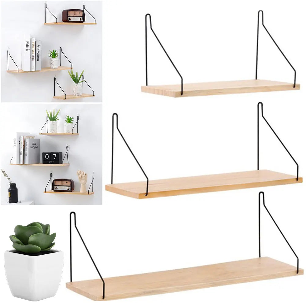 Floating Wall Shelf – Decorative Wooden Storage Rack with Metal Brackets