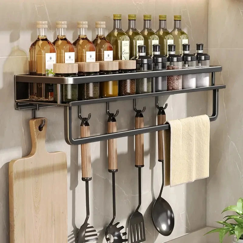 Kitchen Shelf Spice Storage Rack Wall-Mounted with Spatula, Spoon Hooks & Towel Bar