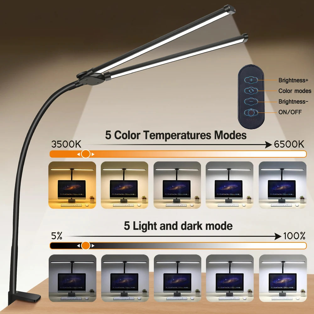 Double Head LED Clip Desk Lamp Architect Table Lamp with 3 Color Modes & 10 Dimmable Levels