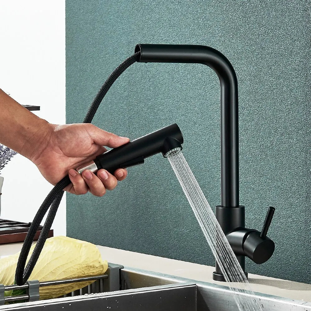 Black Pull-Out Kitchen Sink Faucet  Flexible 2 Modes Stream & Sprayer Nozzle Stainless Steel Hot/Cold Water Mixer