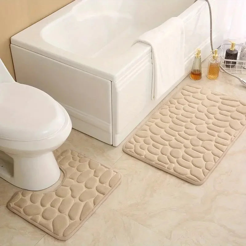 2PC Embossed Stone Pattern Toilet Mat Set – Non-Slip, Absorbent Microfiber Bathroom Mats