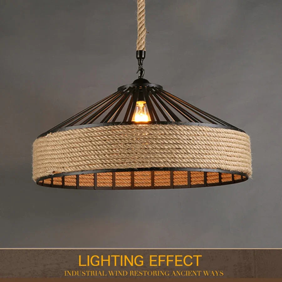 Classical Hemp Rope Pendant Lamp - Retro Industrial Iron Chandelier for Dining Room and Living Spaces