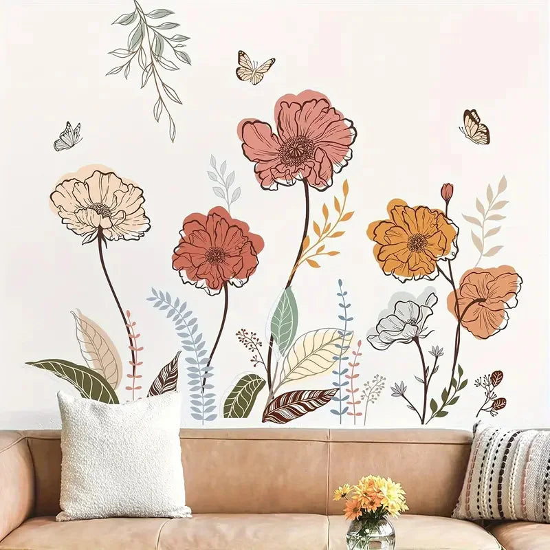 Boho Style Watercolor Floral Wall Stickers – Decorative Flower Murals for Living Room, Bedroom, and Baseboard