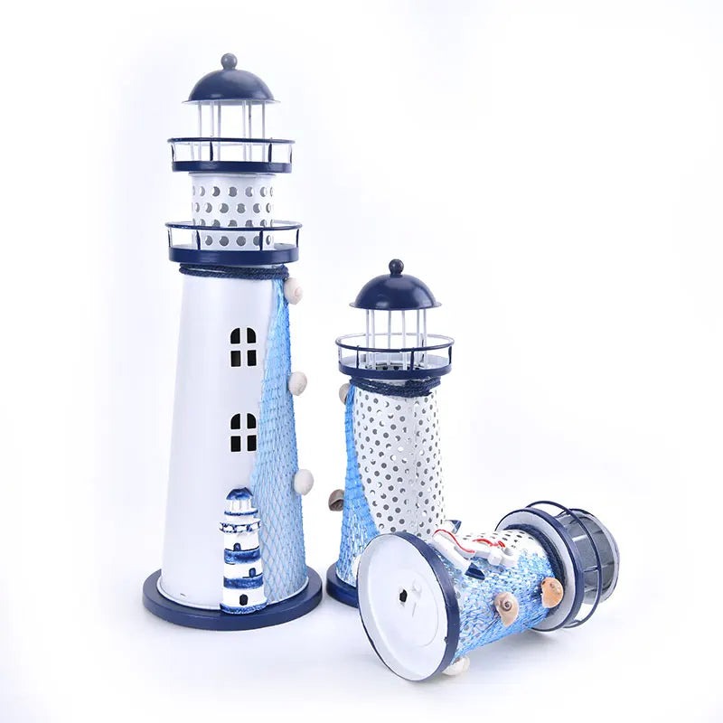 Nautical Lighthouse Ornaments – Metal Beacon Tower Figurines with Fishing Net, Starfish & Shell Accents