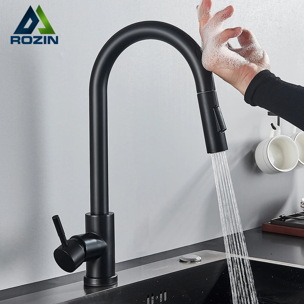 Rozin Smart Touch Kitchen Faucet - Black Pull Out Sensor Faucet, 360 Rotation Mixer Taps