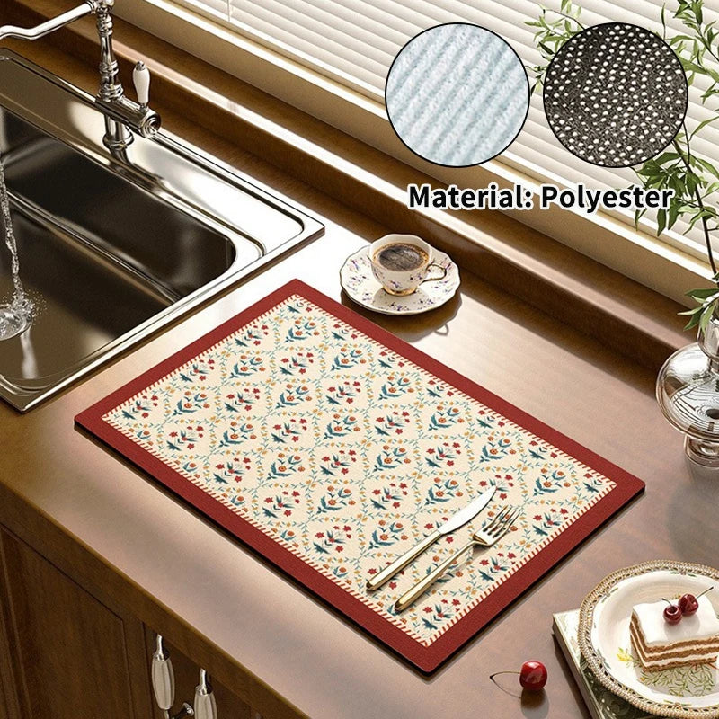 Retro-Style Absorbent Dish Drying Mat – Crystal Velvet Drainage Pad for Kitchen & Bathroom