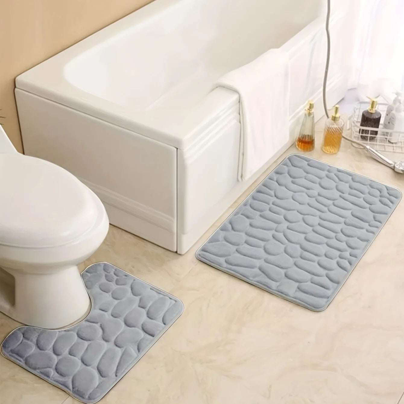 2PC Embossed Stone Pattern Toilet Mat Set – Non-Slip, Absorbent Microfiber Bathroom Mats