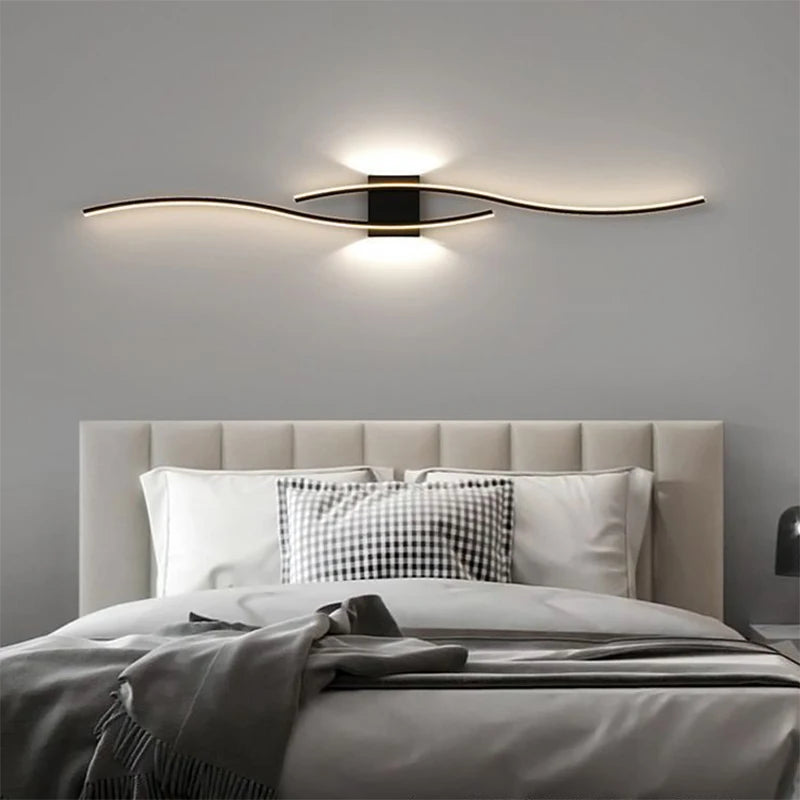 Modern LED Strip Wall Lamp - Double Curve with Remote Control, Black and Gold, for Living Room and Bedroom