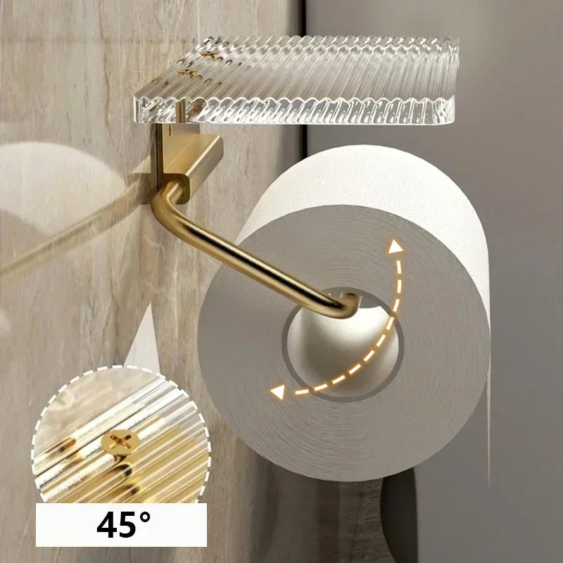 Luxury Gold Toilet Paper Holder with Shelf – No Punching Acrylic Tissue Hanger for Bathroom