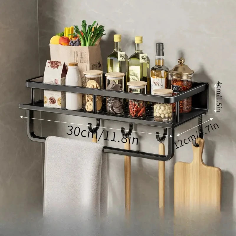 Kitchen Shelf Spice Storage Rack Wall-Mounted with Spatula, Spoon Hooks & Towel Bar