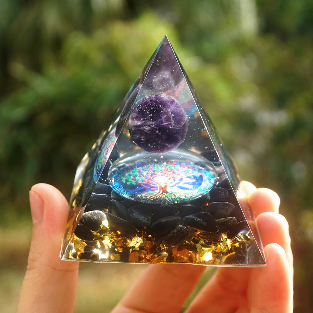 Natural Energy Healing Crystal Orgonite Pyramid Sculpture – Symbol of Luck, Wealth, and Positive Energy