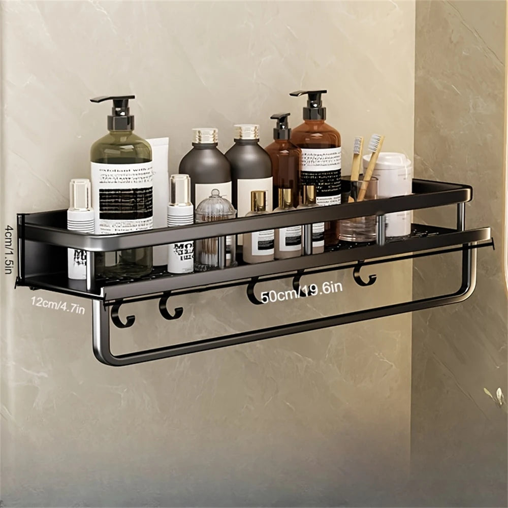 Wall-Mounted Multi-Functional Storage Rack Bathroom Organizer with Hook Bar