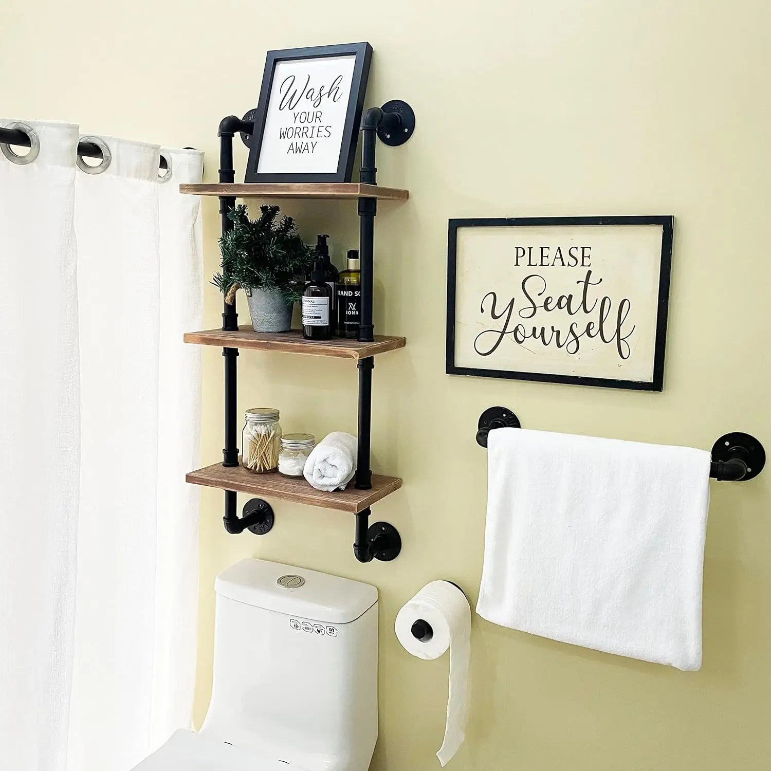 Industrial Pipe Floating Shelves – Solid Wood Wall-Mounted Storage for Bathroom, Living Room & Home Decor