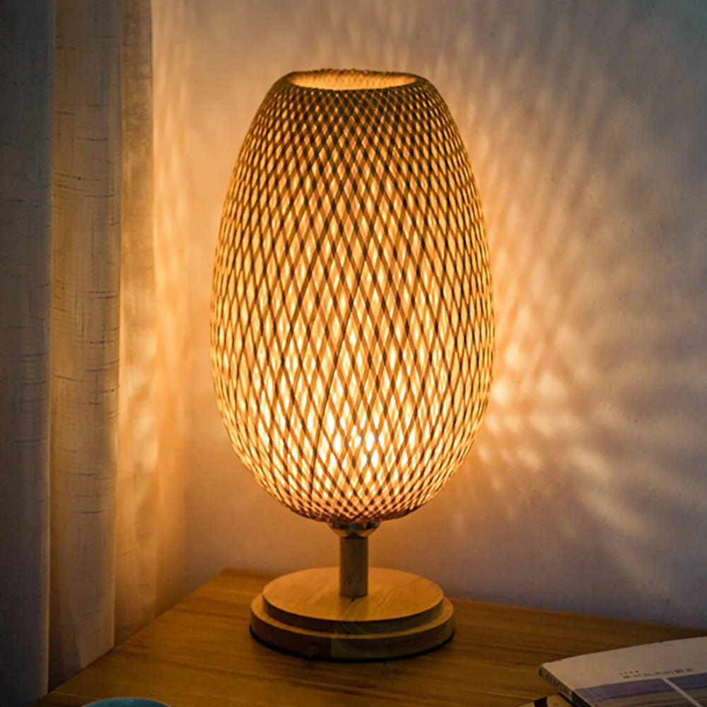 Modern Small Rattan Table Lamp - Stepless Dimmable Nightstand Light