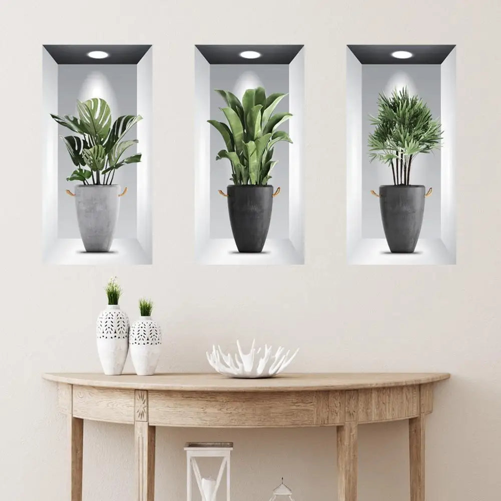 3-Piece 3D Greenery Potted Window Wall Stickers - Creative Stereo Wall Décor for Living Room, Bedroom, and Home