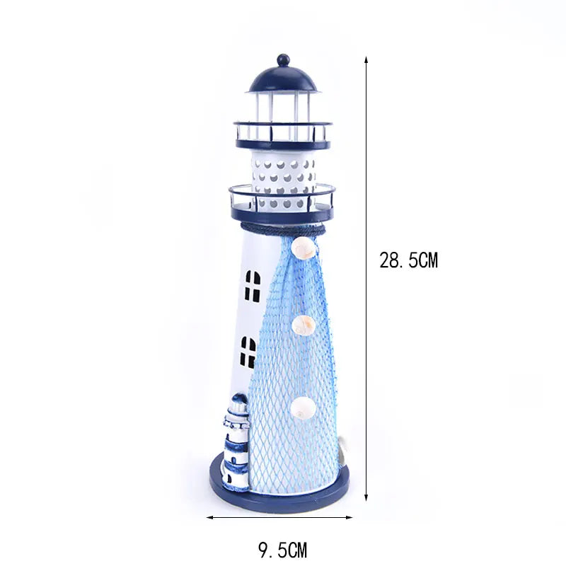 Nautical Lighthouse Ornaments – Metal Beacon Tower Figurines with Fishing Net, Starfish & Shell Accents